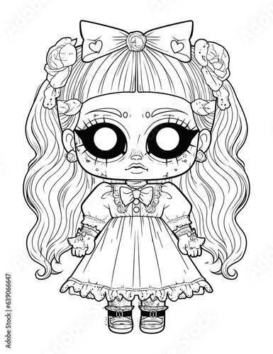 Doll with scary sinister expression, Spooky Gothic Horror Coloring Page, clean line drawing, strong outline