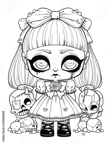 Doll with scary sinister expression, Spooky Gothic Horror Coloring Page, clean line drawing, strong outline
