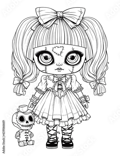 Doll with scary sinister expression, Spooky Gothic Horror Coloring Page, clean line drawing, strong outline