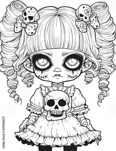 Doll with scary sinister expression, Spooky Gothic Horror Coloring Page, clean line drawing, strong outline