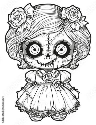 Doll with scary sinister expression, Spooky Gothic Horror Coloring Page, clean line drawing, strong outline