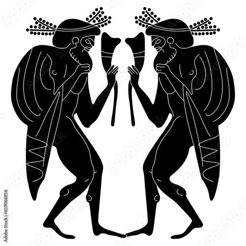 Symmetrical ethnic design with two ancient Greek men holding rhytons of wine. Vase painting style. Black and white negative silhouette.