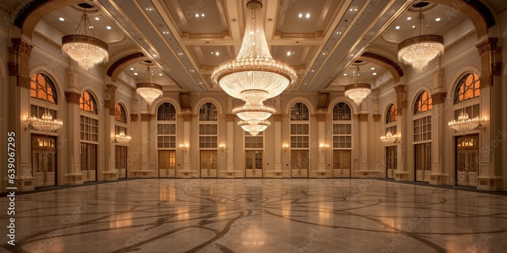 Obraz premium Photo of a grand ballroom with a stunning chandelier and polished marble floor
