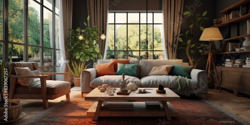Photo of a cozy living room with a comfortable couch and stylish table © Coosh448