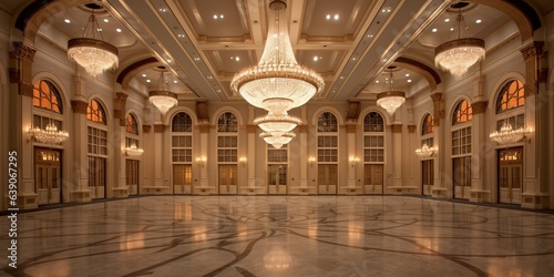 Photo of a grand ballroom with a stunning chandelier and polished marble floor