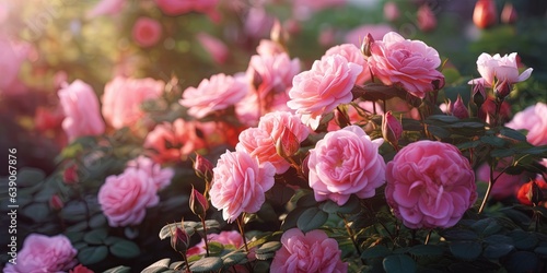 Pink roses bush blooming in summer garden