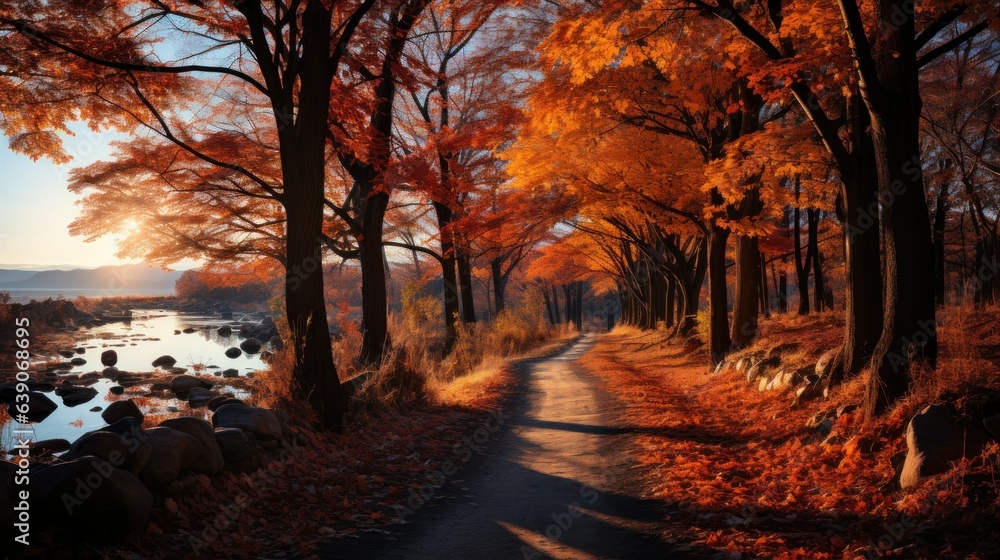 Beautiful Lake and Forest in Autumn. Fall Season Landscape. Generative AI illustration. 
