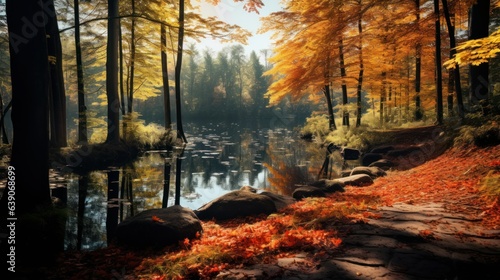 Beautiful Lake and Forest in Autumn. Fall Season Landscape. Generative AI illustration.  © Tuyres