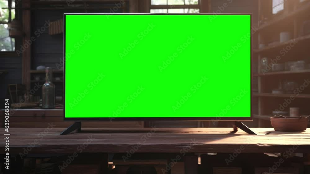 Modern TV in cozy white scandinavian room. Blank green screen. Template, copy space Modern TV in cozy white scandinavian room. Blank green screen. Template, copy space