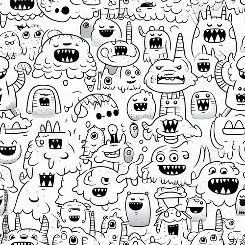 seamless pattern of Cute Monster Doodle Art