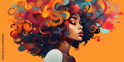 African American Female with Blue, Orange and Red Curls against an orange background © NesliHunFoto
