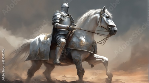 An ancient Templar knight, medieval with a white horse, in the desert in high resolution, 4k, 8k,128k, made with generative AI © Ka Arts