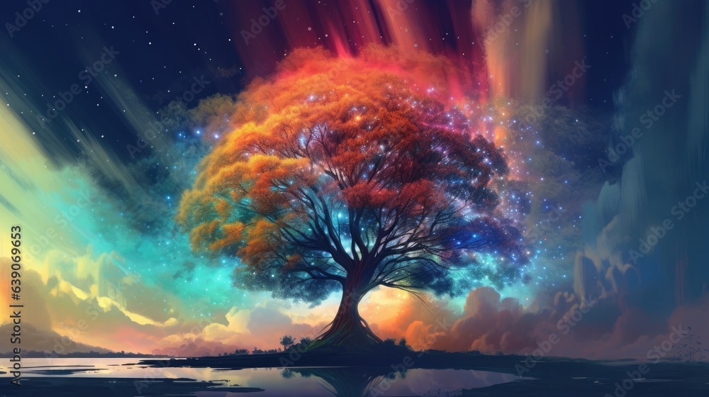 A rainbow tree with a starry sky