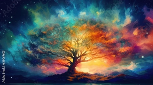 A rainbow tree with a starry sky