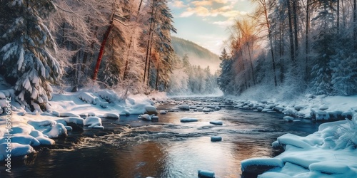 Scenic view of river amidst trees in forest during winter.