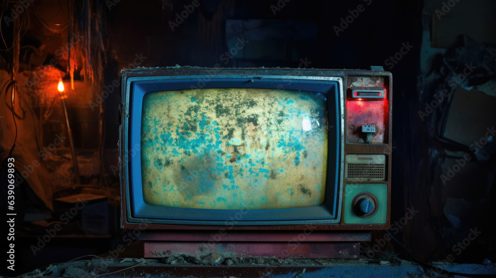 An old decrepit television set with a fizzling neon light flickering on and off Old Analog TV