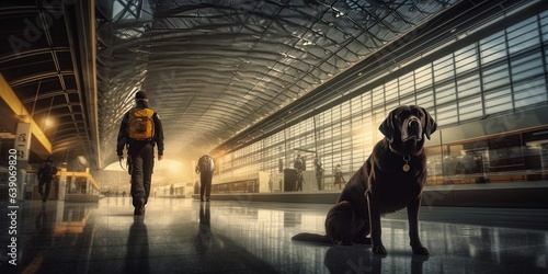 Security workers with detection dog patrolling airport terminal © Coosh448