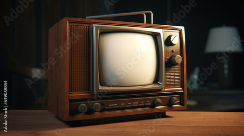 A squarish brown TV with several bed ons down the front for adjusting in the 80s. Old Analog TV photo