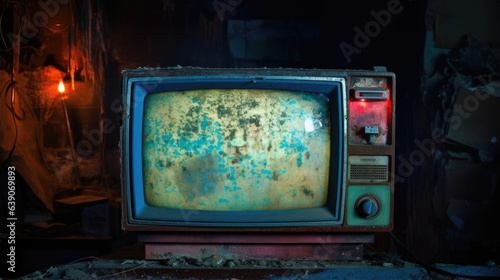 An old decrepit television set with a fizzling neon light flickering on and off Old Analog TV photo