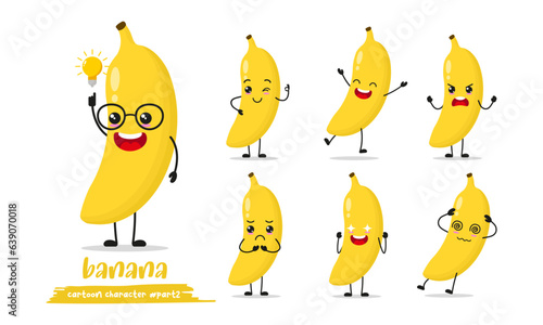 cute banana cartoon with many expressions. fruit different activity pose vector illustration flat design set.