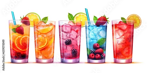 Set of multicolored summer drinks. Mojito, lemonade, berry, strawberry lemonade or cocktail