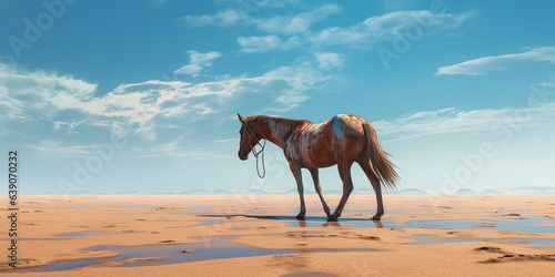 Side view of horse walking on sandy beach against sky during sunny day