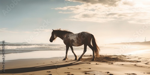 Side view of horse walking on sandy beach against sky during sunny day