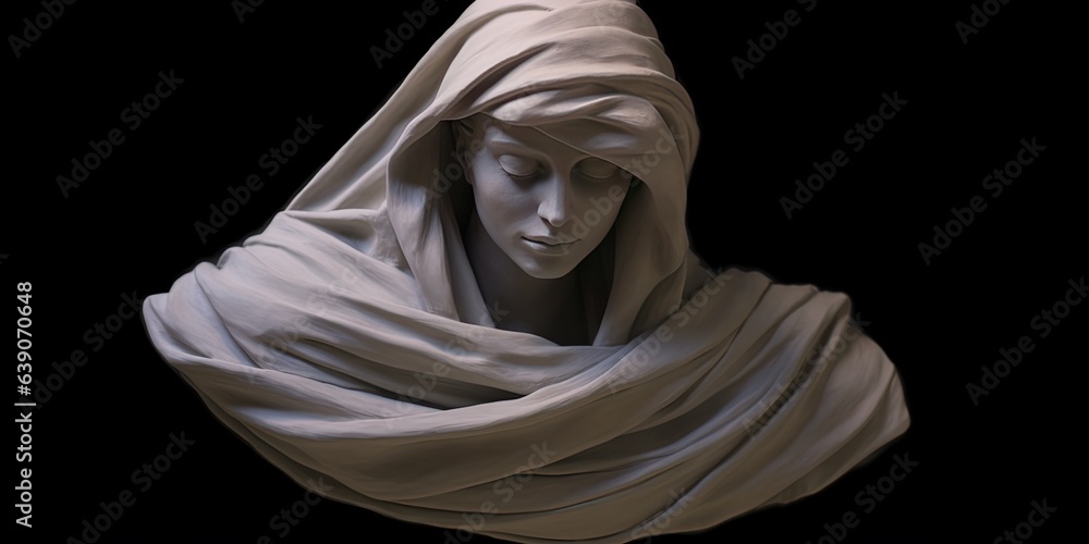 Soft flowing shawl draped over plaster bust.
