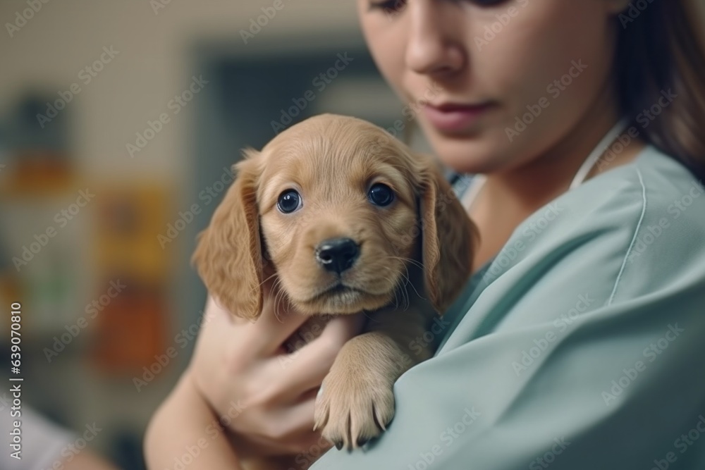 Close-up of cute puppy in hands of veterinarian. Focus on dog