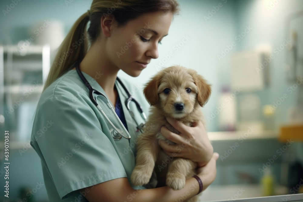 Portrait of a female veterinarian holding a puppy in her arms. Portrait of a female veterinarian holding a puppy in her arms.