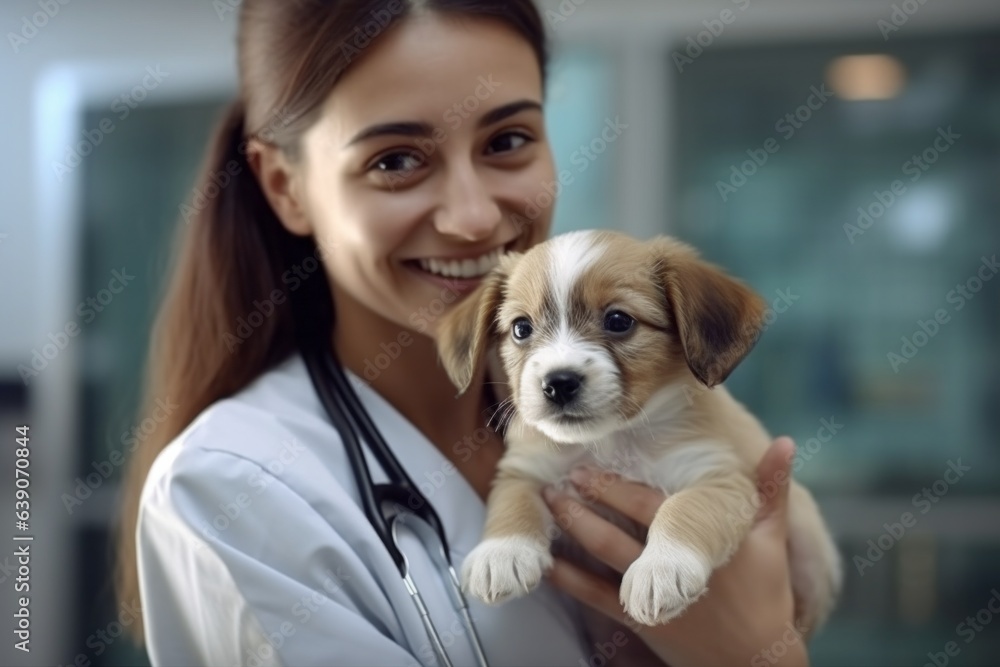 Young female veterinarian holding cute puppy in hands and smiling at camera.