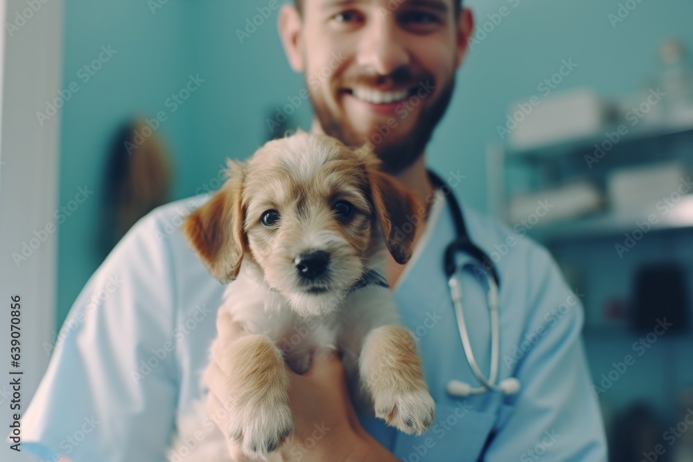 Portrait of smiling veterinarian holding cute puppy in hands. Selective focus.