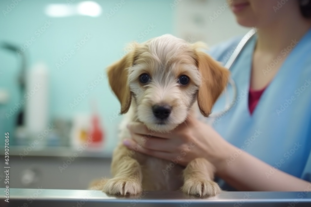 Veterinarian examining a puppy in a veterinary clinic. Selective focus.