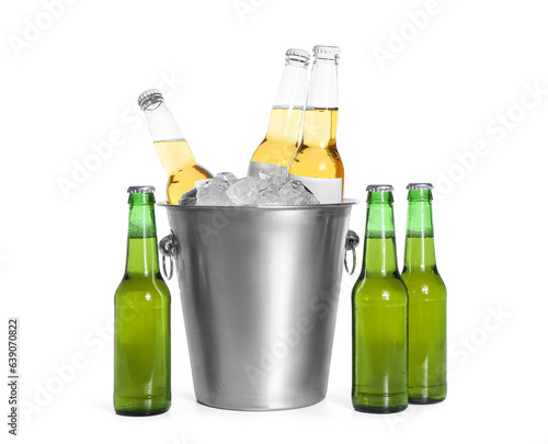 Chilled beer bottles in met...