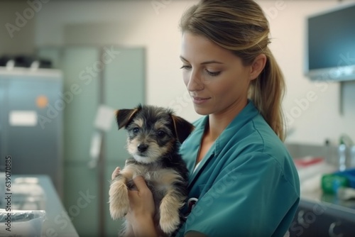 Portrait of a female veterinarian holding a puppy in a veterinary clinic
