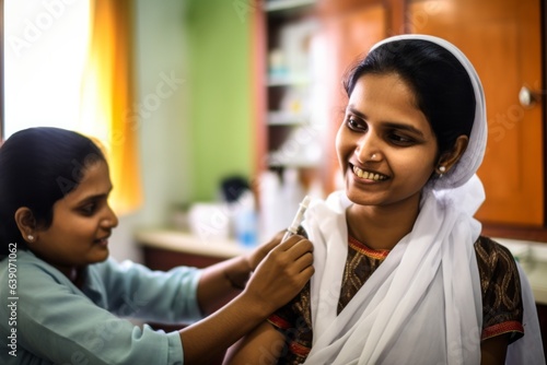 Young indian woman getting a vaccination in a hospital. Healthcare and medicine.