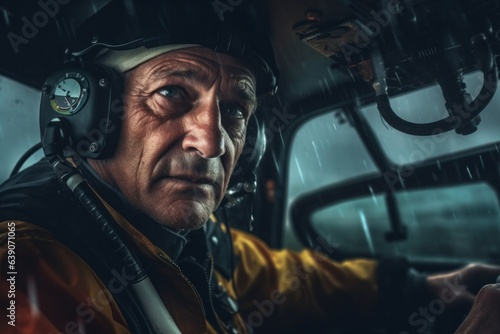 Close-up portrait photography of a seasoned pilot navigating through stormy weather with unwavering focus  © Anne Schaum