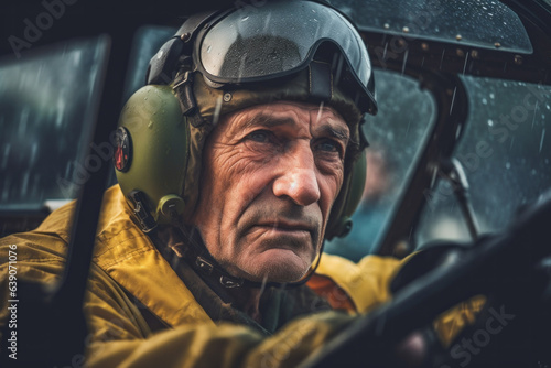 Close-up portrait photography of a seasoned pilot navigating through stormy weather with unwavering focus  © Anne Schaum