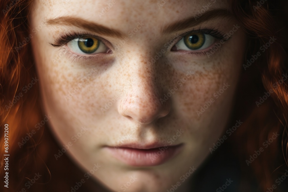 Close-up portrait of beautiful red-haired girl with freckles Close-up portrait of beautiful red-haired girl with freckles