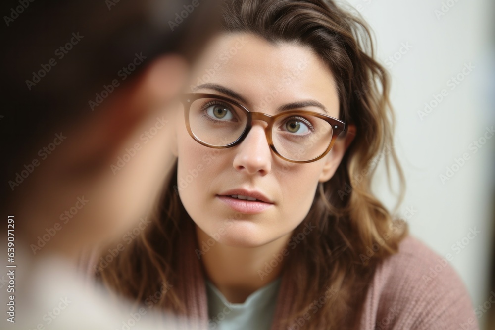 Portrait of young woman with eyeglasses looking at reflection in mirror Portrait of young woman with eyeglasses looking at reflection in mirror