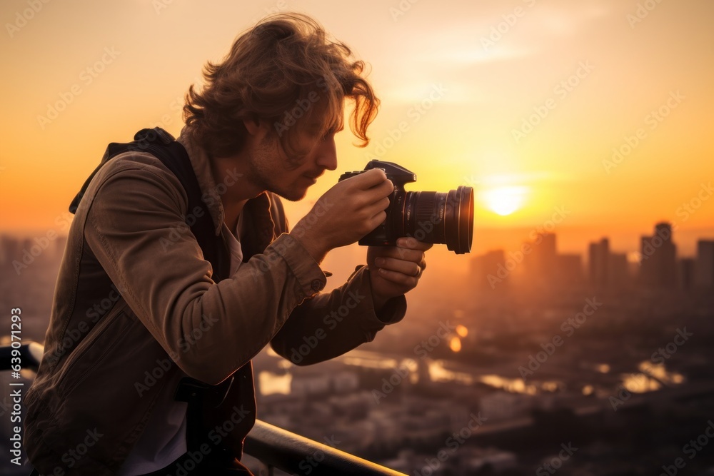 Fototapeta premium Photographer with camera on the roof of a skyscraper at sunset
