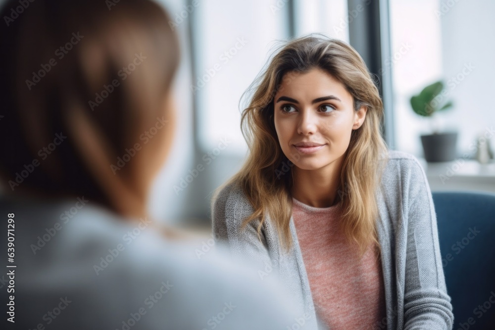 selective focus of psychologist talking to young woman at therapy session in clinic