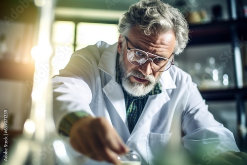 Senior male scientist working in laboratory. Bearded man in white lab coat and eyeglasses sitting at table and looking at camera.