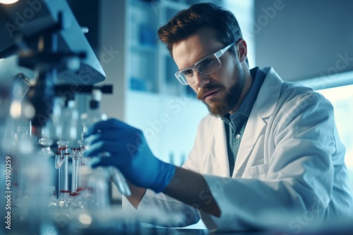 Serious scientist working in the laboratory. He is wearing safety glasses and a white coat.