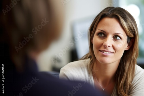 Portrait of a young woman talking to her psychologist during therapy session