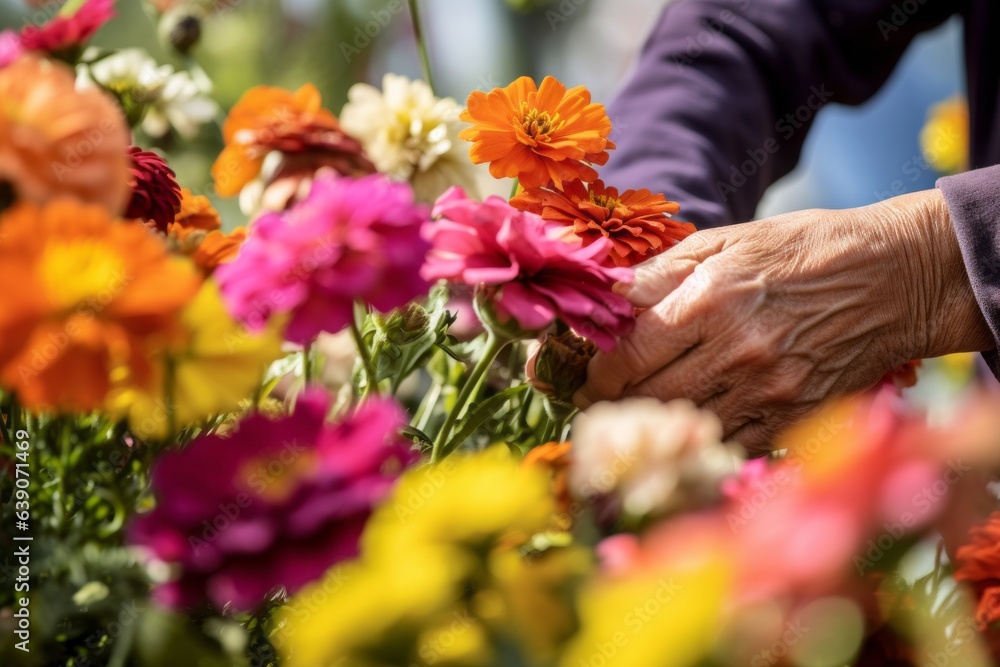 Close up shot of an elderly woman's hands taking care of flowers. Close up shot of an elderly woman's hands taking care of flowers.