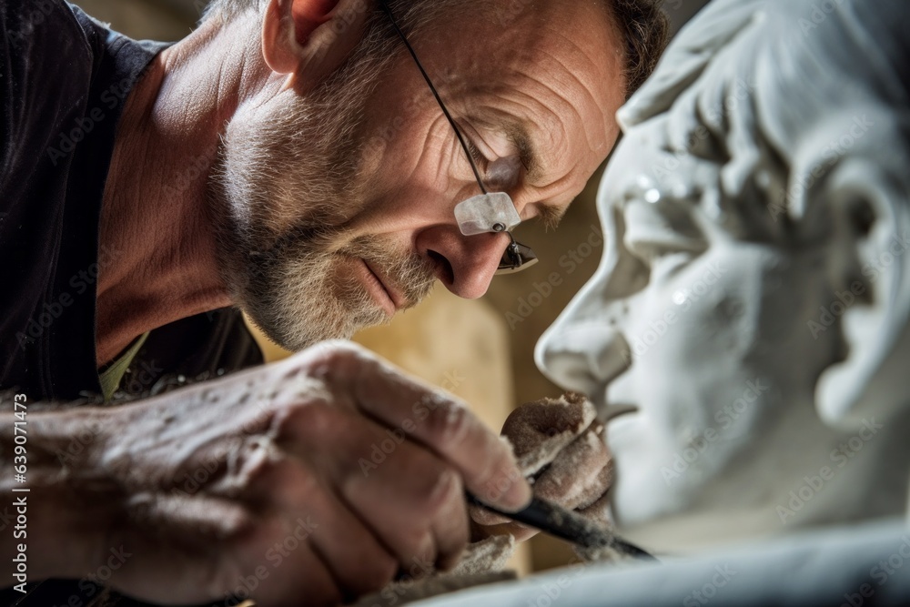 Obraz premium Close-up portrait of a craftsman working on a sculpture.