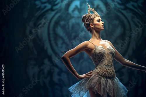 Beautiful young woman in evening dress and crown over vintage background.