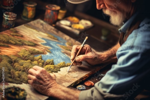 Close-up of a senior artist painting picture in his workshop.