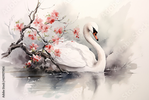 Fototapeta Naklejka Na Ścianę i Meble -  Image of white swan with pink cherry blossoms in ancient chinese style. Wildlife Animals. Nature. Illustration, Generative AI.